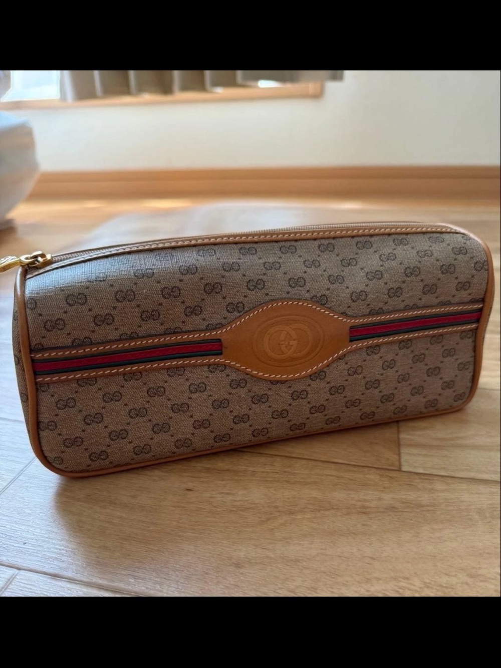 Gucci Brown Monogram Toiletry Case with Red-Green Web Stripe